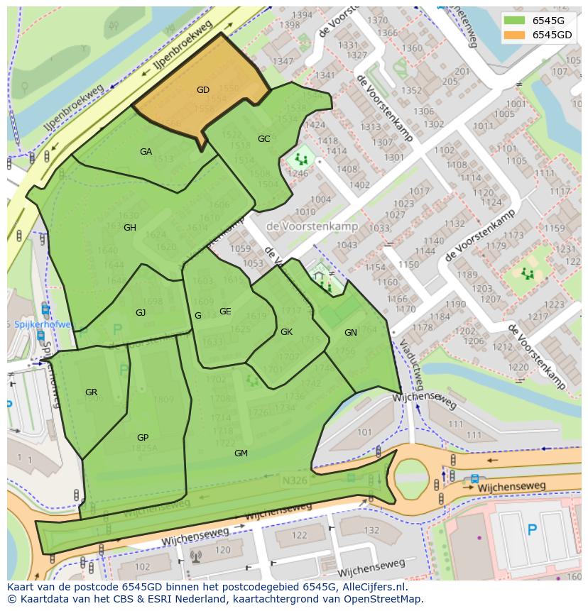 Afbeelding van het postcodegebied 6545 GD op de kaart.