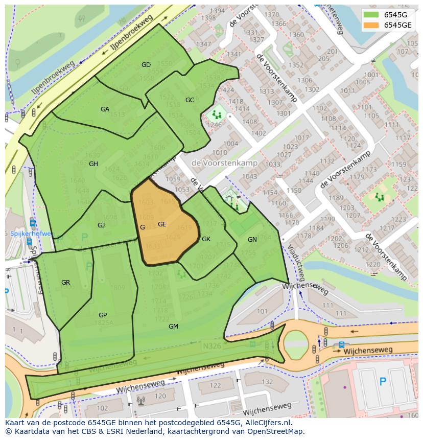 Afbeelding van het postcodegebied 6545 GE op de kaart.
