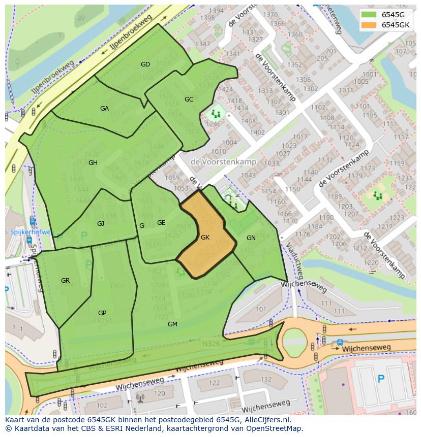 Afbeelding van het postcodegebied 6545 GK op de kaart.