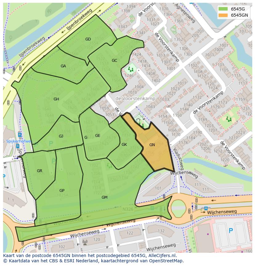 Afbeelding van het postcodegebied 6545 GN op de kaart.