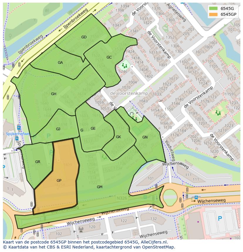 Afbeelding van het postcodegebied 6545 GP op de kaart.