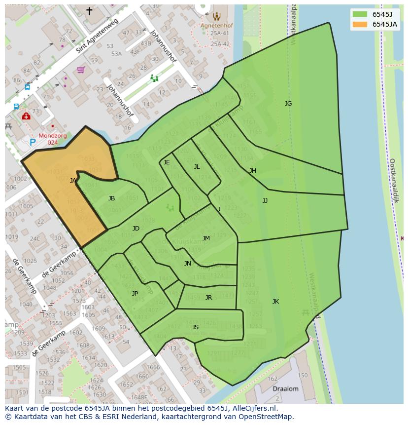 Afbeelding van het postcodegebied 6545 JA op de kaart.