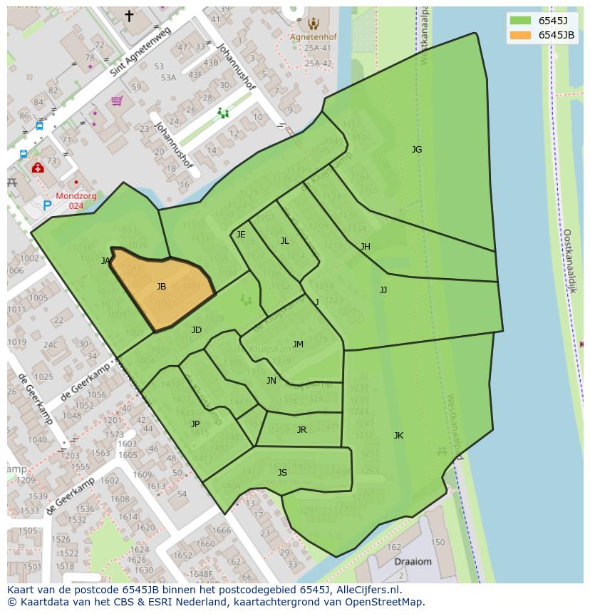 Afbeelding van het postcodegebied 6545 JB op de kaart.