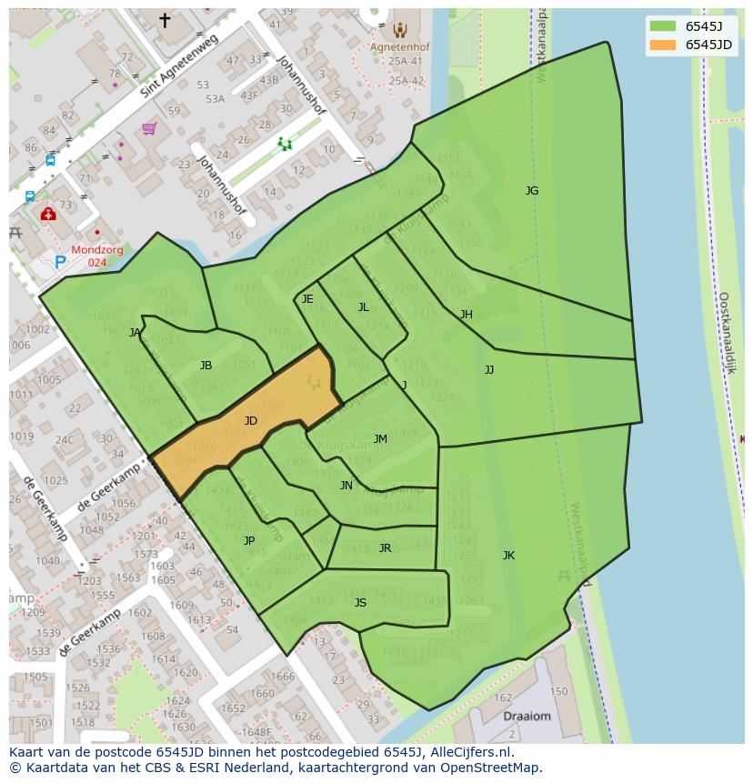 Afbeelding van het postcodegebied 6545 JD op de kaart.