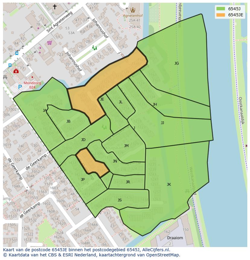Afbeelding van het postcodegebied 6545 JE op de kaart.