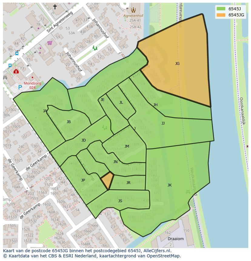 Afbeelding van het postcodegebied 6545 JG op de kaart.