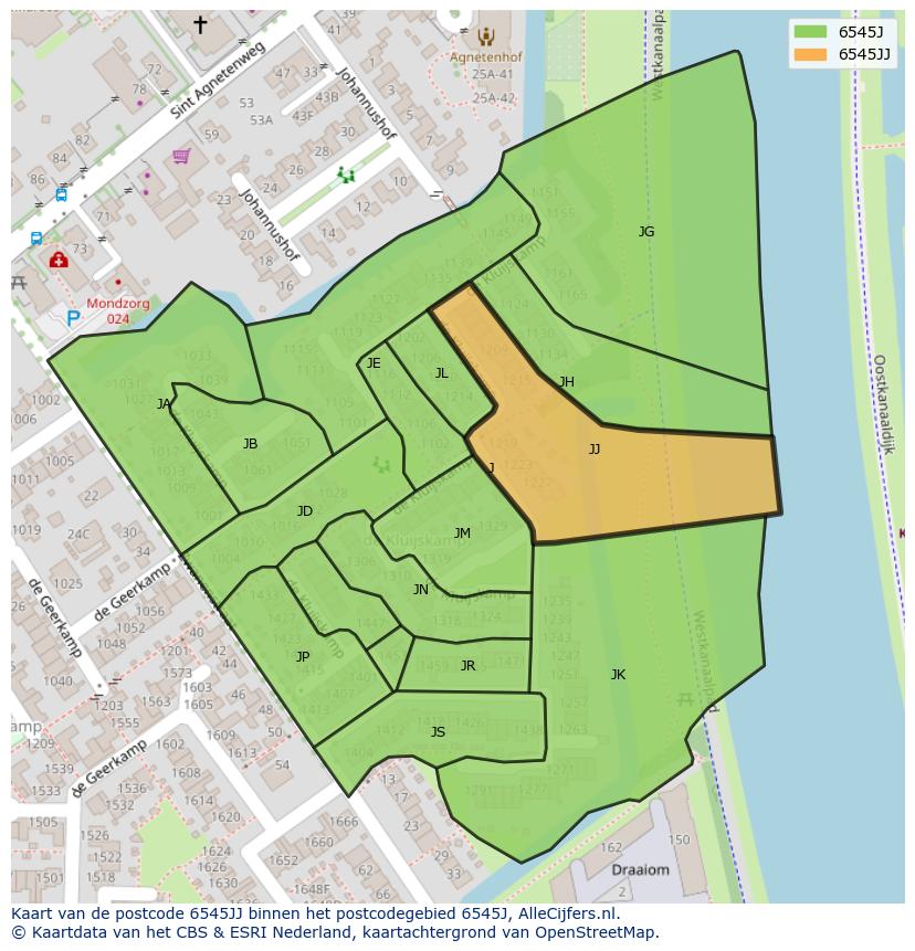 Afbeelding van het postcodegebied 6545 JJ op de kaart.