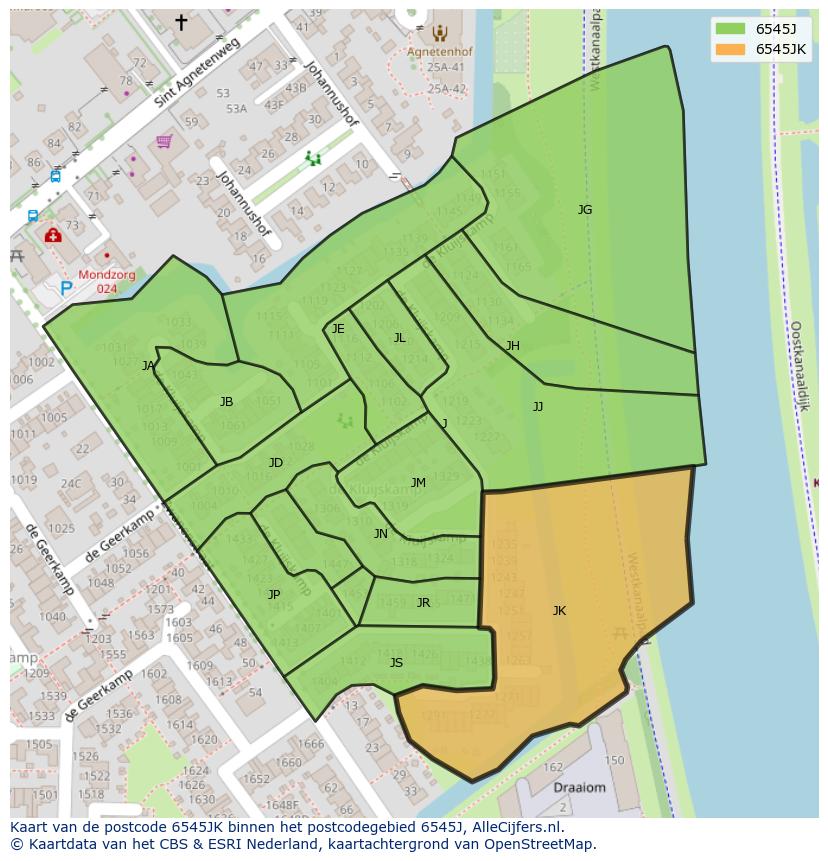 Afbeelding van het postcodegebied 6545 JK op de kaart.