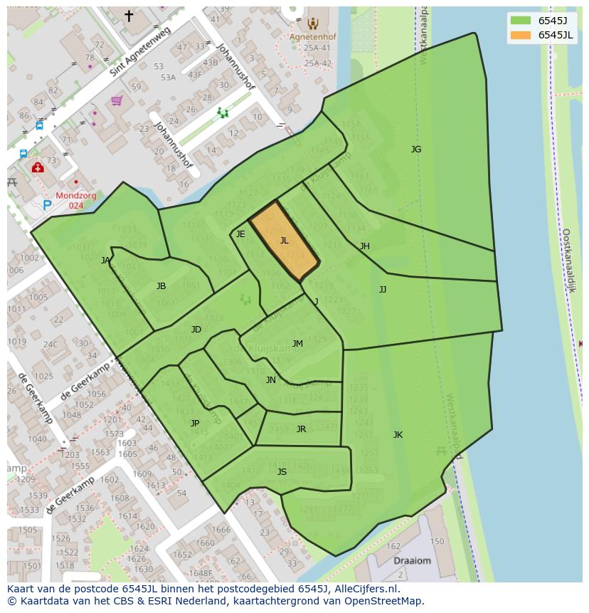 Afbeelding van het postcodegebied 6545 JL op de kaart.