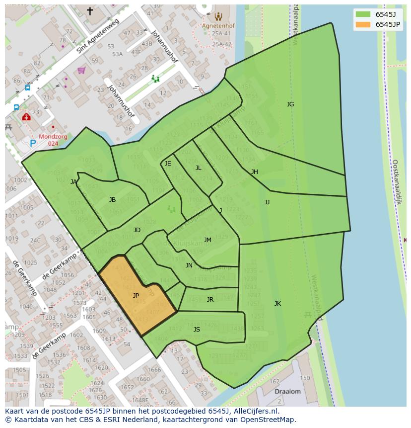 Afbeelding van het postcodegebied 6545 JP op de kaart.