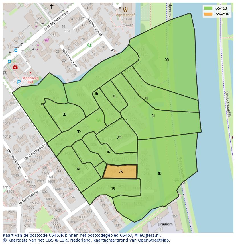 Afbeelding van het postcodegebied 6545 JR op de kaart.