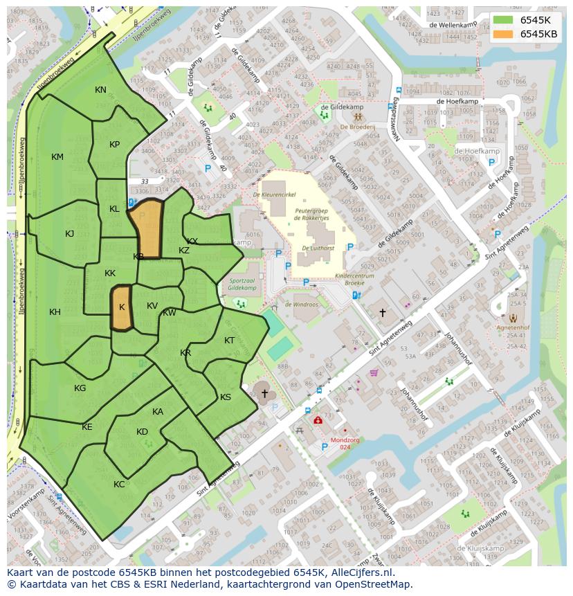 Afbeelding van het postcodegebied 6545 KB op de kaart.