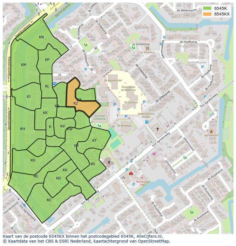 Afbeelding van het postcodegebied 6545 KX op de kaart.