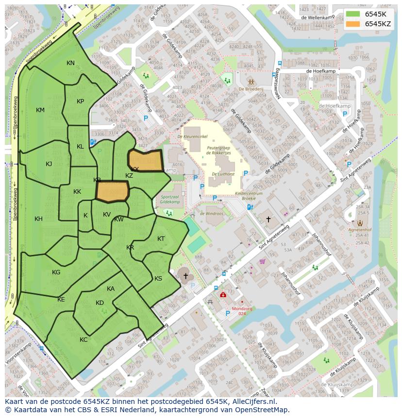 Afbeelding van het postcodegebied 6545 KZ op de kaart.