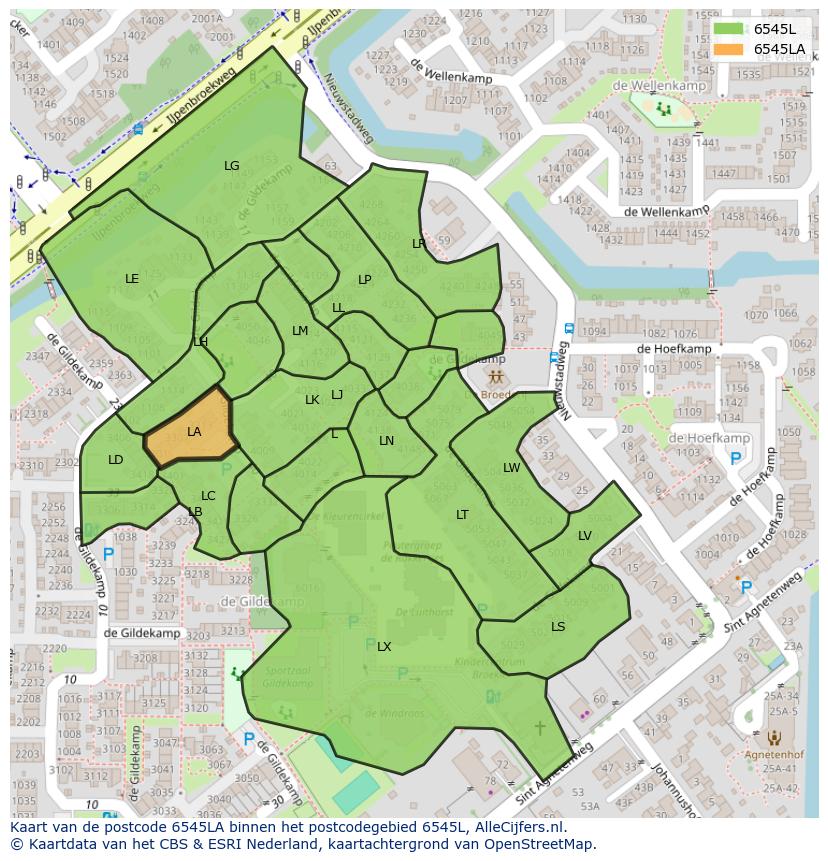 Afbeelding van het postcodegebied 6545 LA op de kaart.