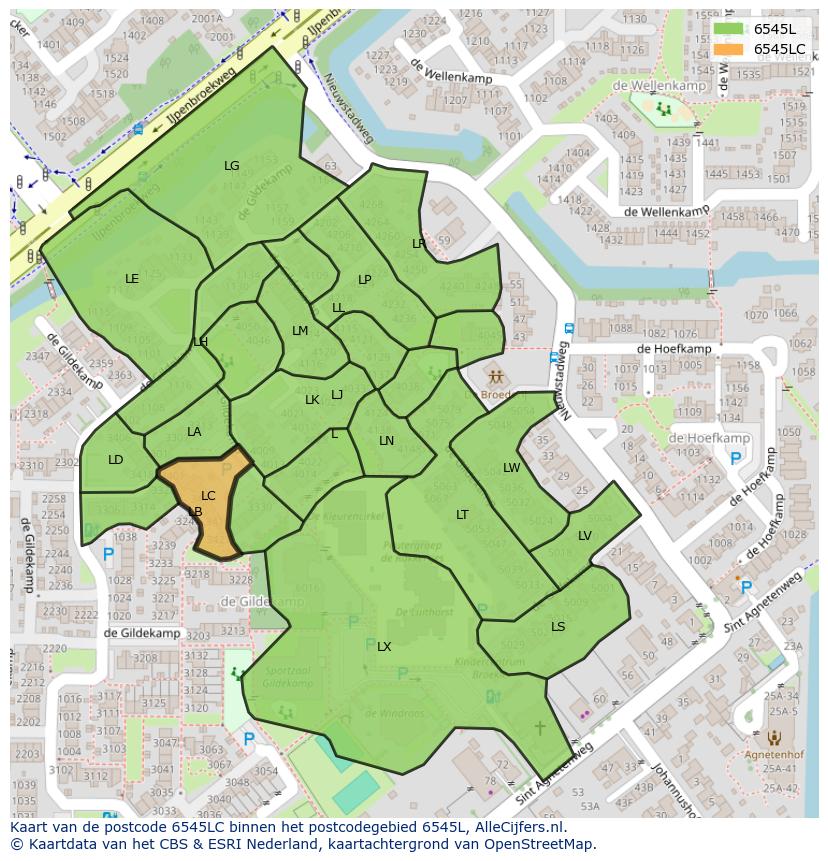 Afbeelding van het postcodegebied 6545 LC op de kaart.