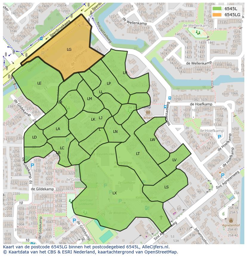 Afbeelding van het postcodegebied 6545 LG op de kaart.