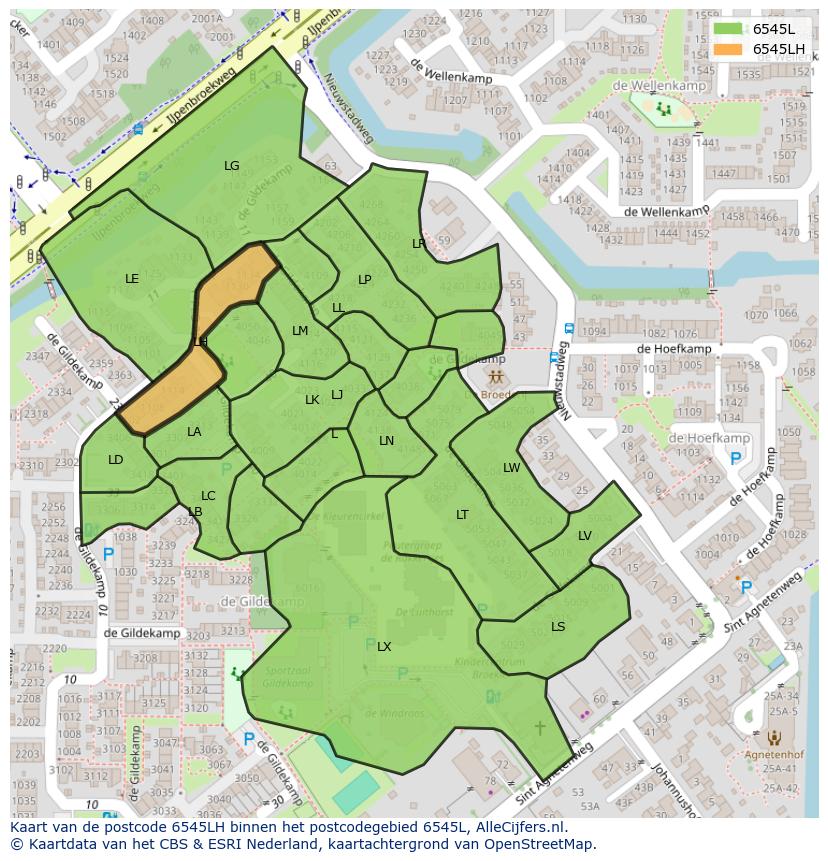 Afbeelding van het postcodegebied 6545 LH op de kaart.
