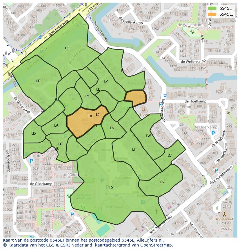 Afbeelding van het postcodegebied 6545 LJ op de kaart.
