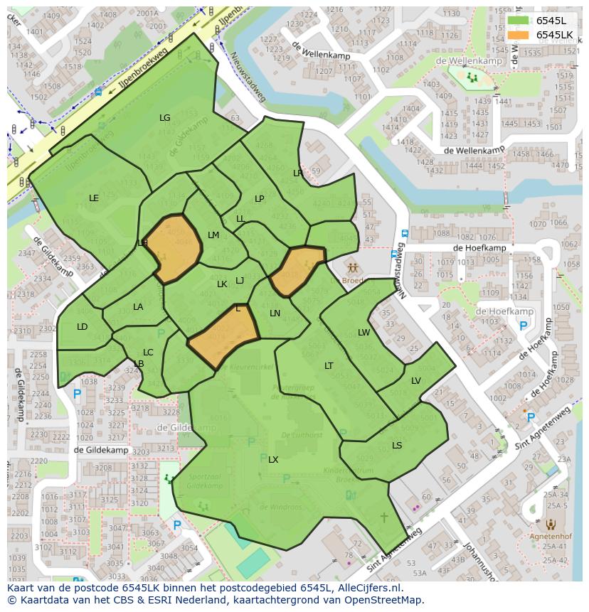 Afbeelding van het postcodegebied 6545 LK op de kaart.