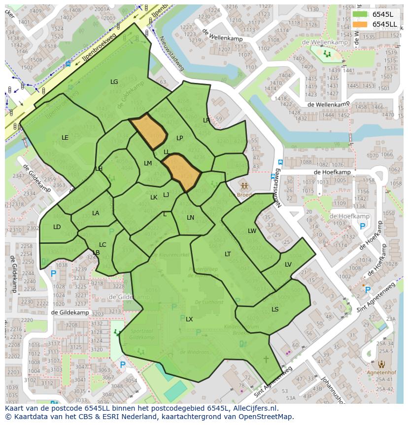 Afbeelding van het postcodegebied 6545 LL op de kaart.