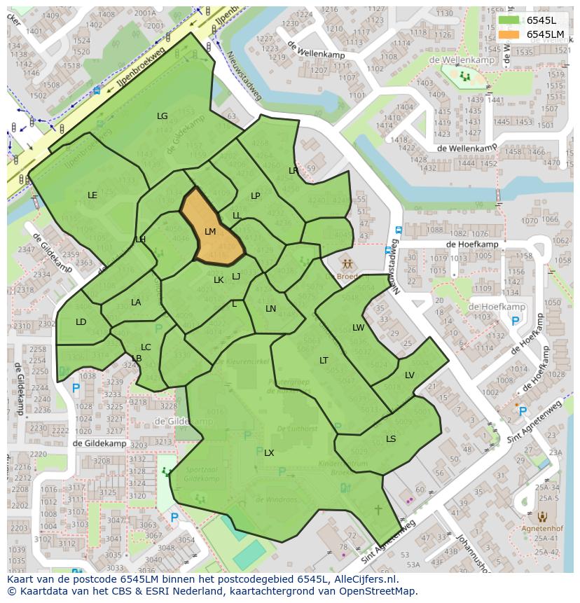 Afbeelding van het postcodegebied 6545 LM op de kaart.