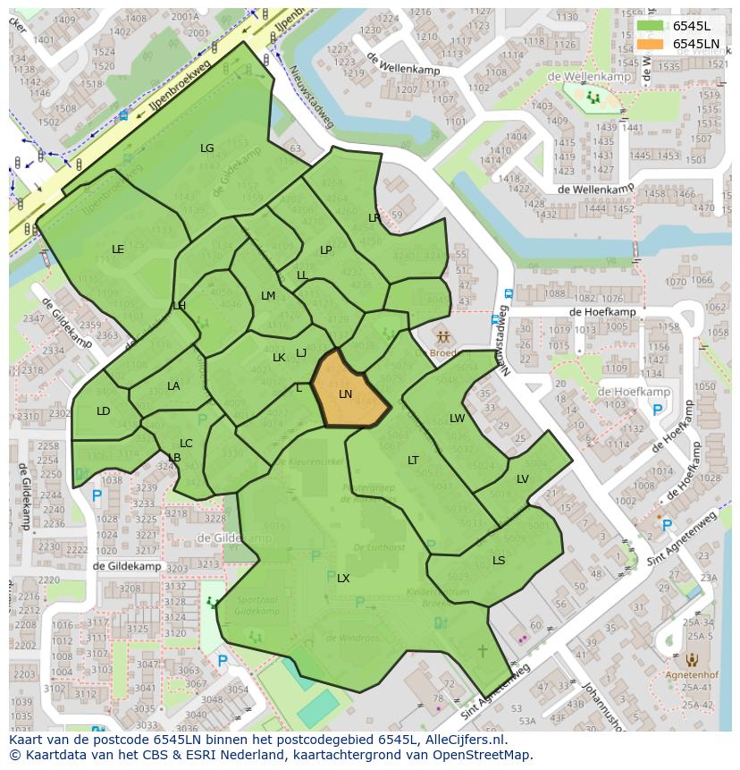 Afbeelding van het postcodegebied 6545 LN op de kaart.