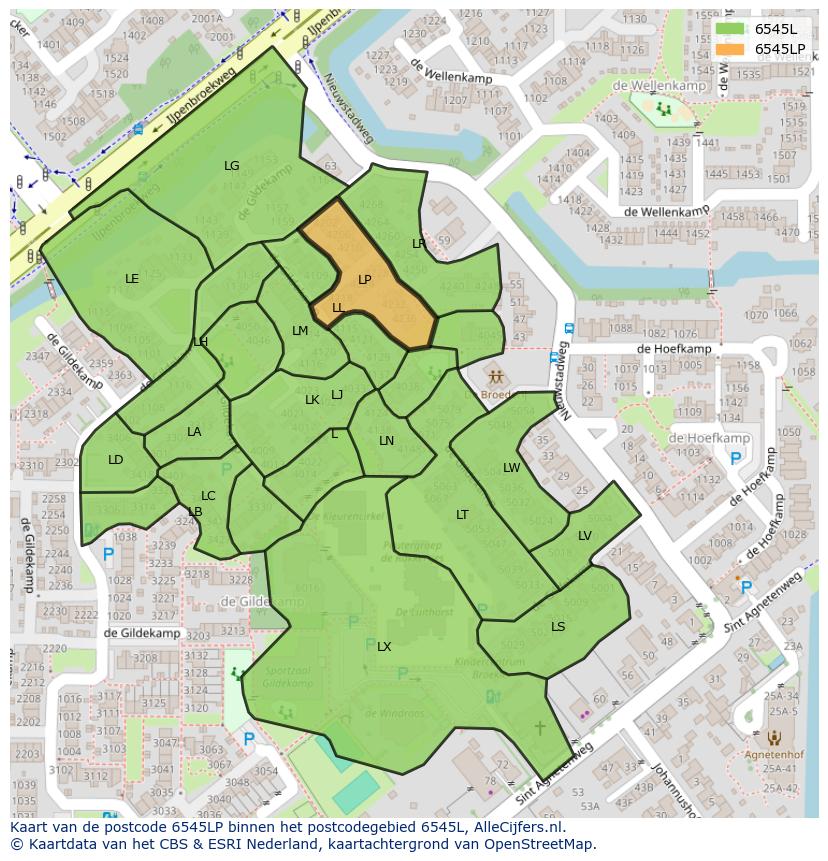 Afbeelding van het postcodegebied 6545 LP op de kaart.