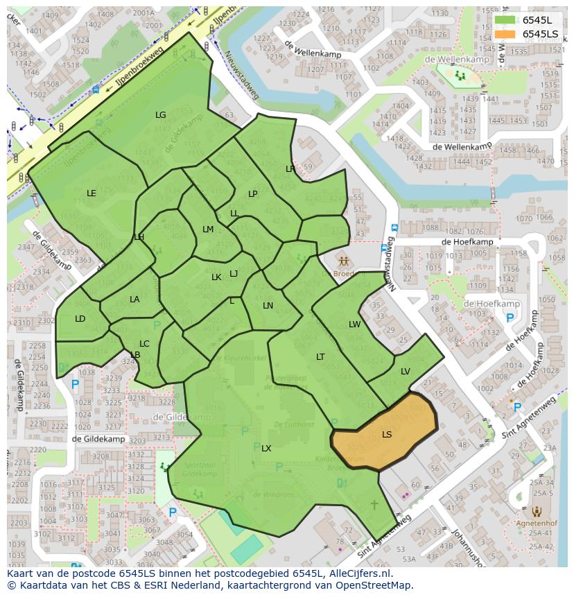 Afbeelding van het postcodegebied 6545 LS op de kaart.
