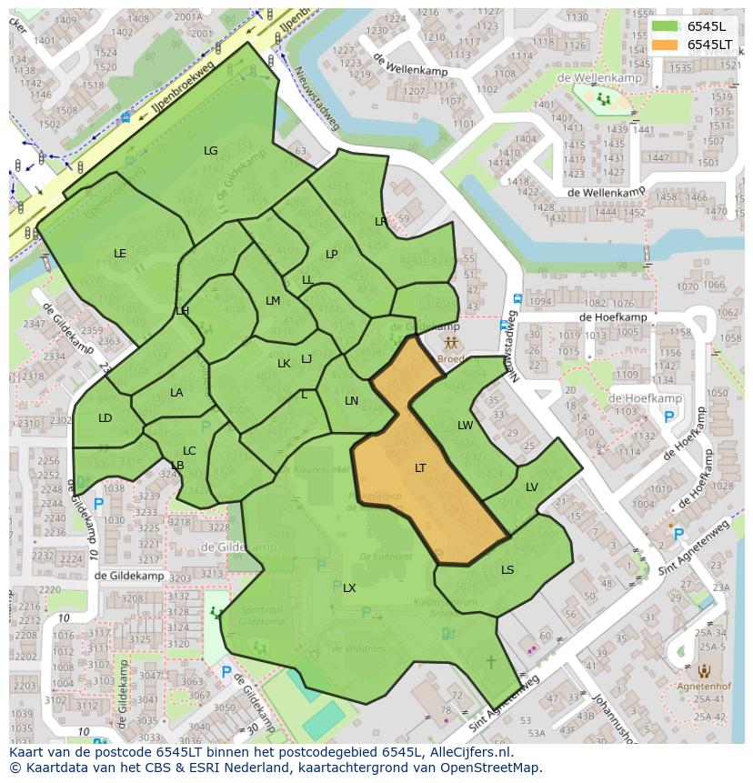 Afbeelding van het postcodegebied 6545 LT op de kaart.