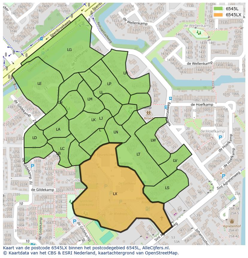 Afbeelding van het postcodegebied 6545 LX op de kaart.