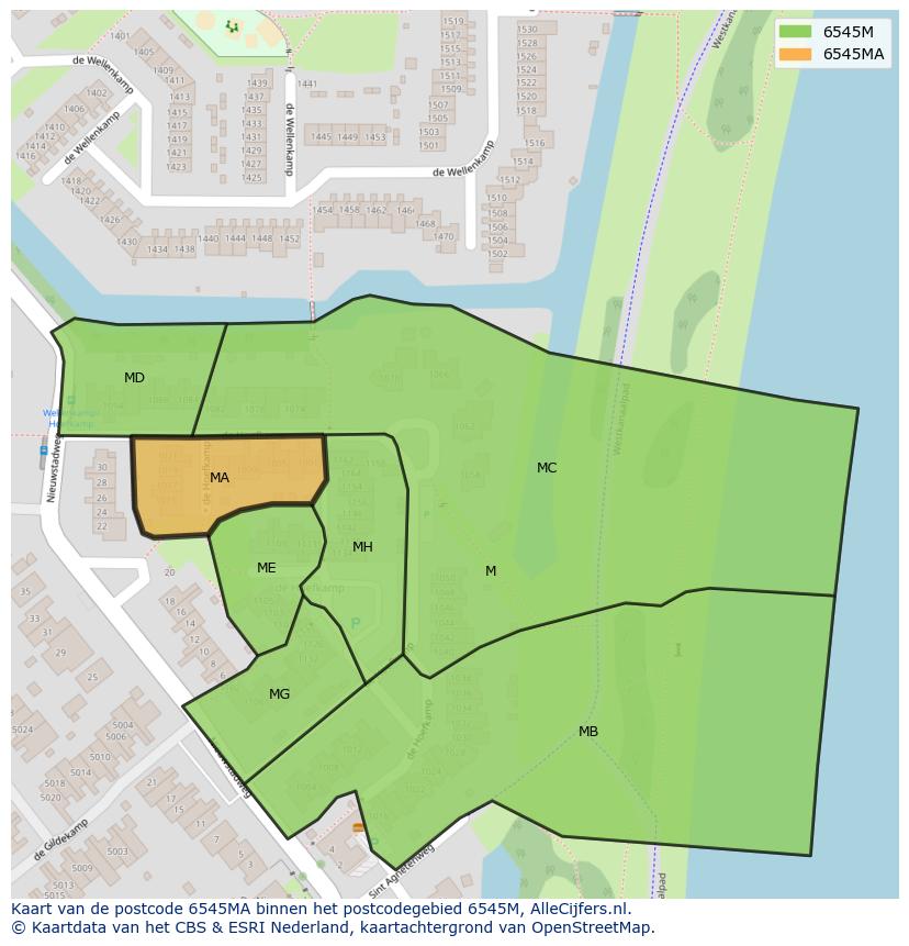 Afbeelding van het postcodegebied 6545 MA op de kaart.