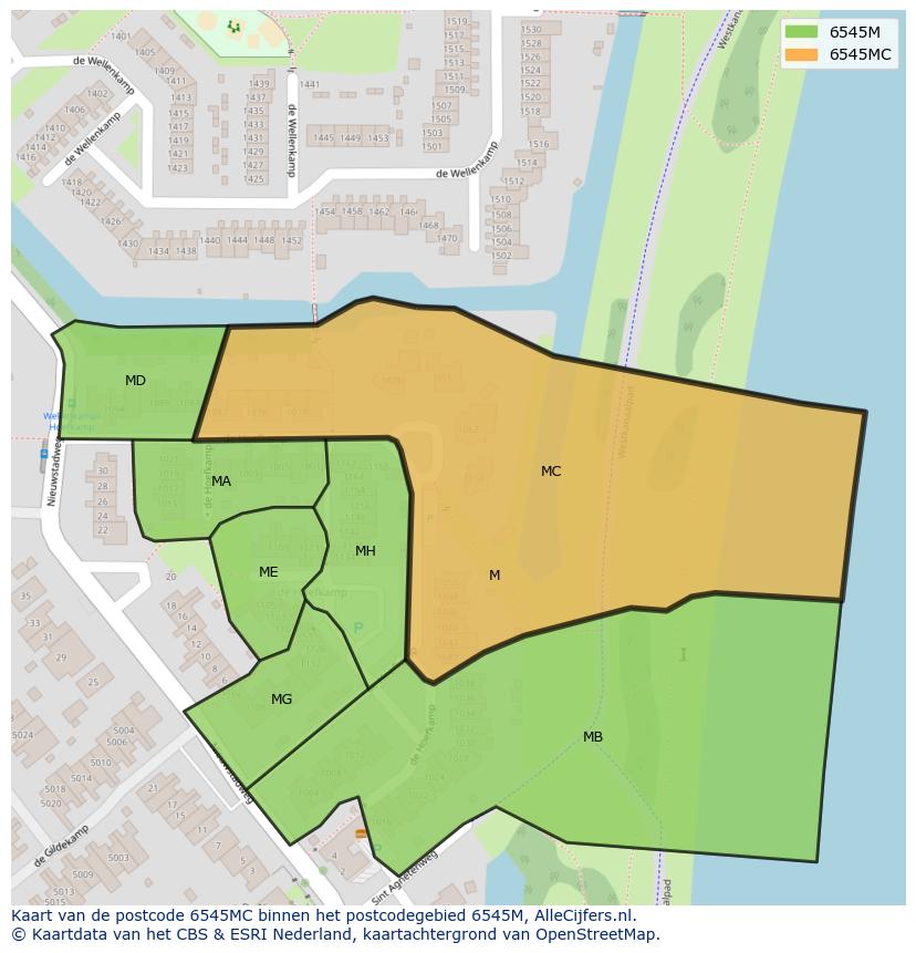 Afbeelding van het postcodegebied 6545 MC op de kaart.