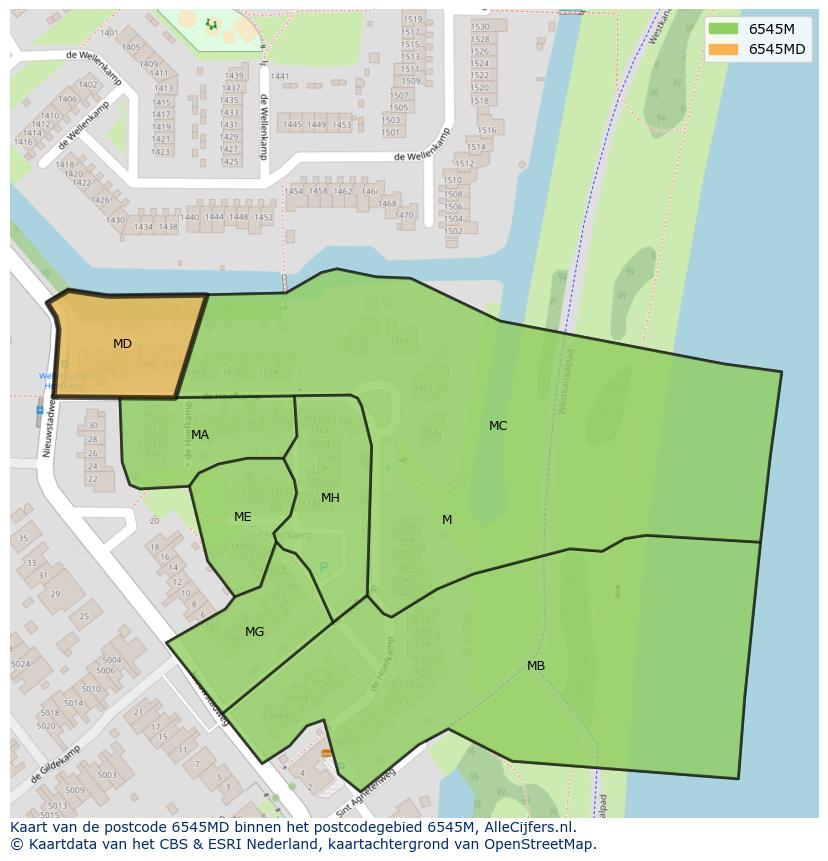 Afbeelding van het postcodegebied 6545 MD op de kaart.