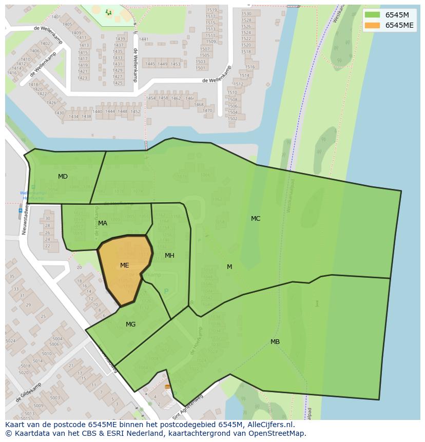 Afbeelding van het postcodegebied 6545 ME op de kaart.