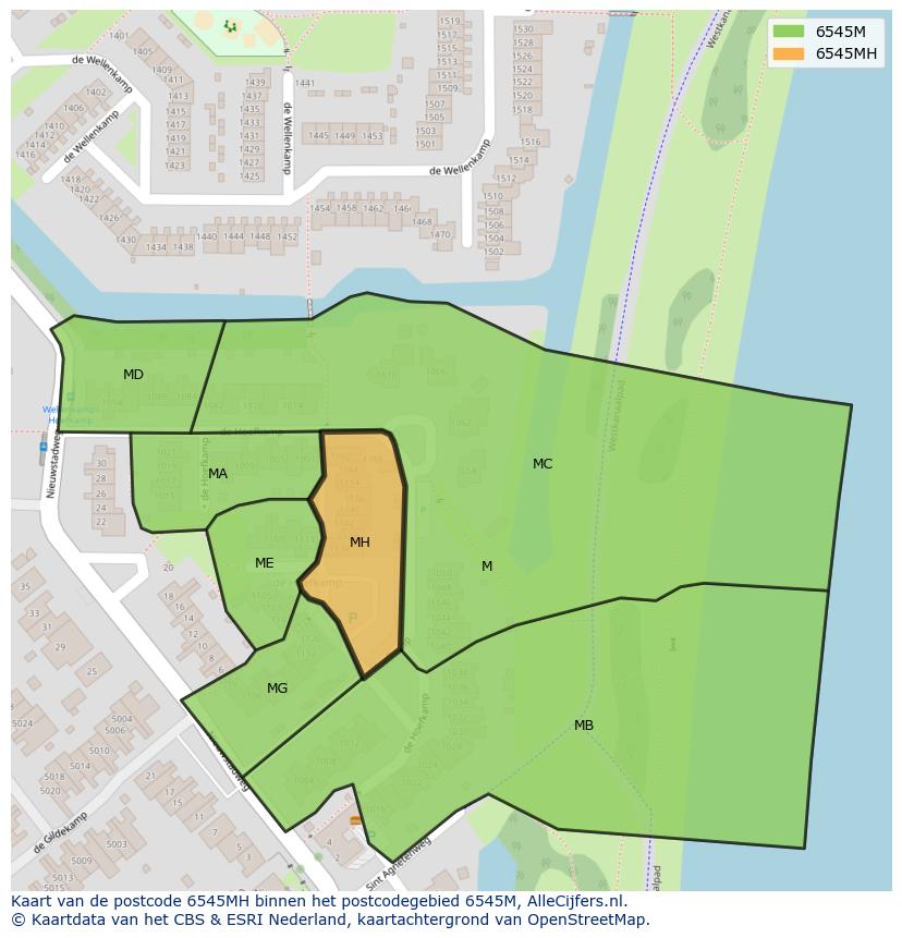 Afbeelding van het postcodegebied 6545 MH op de kaart.