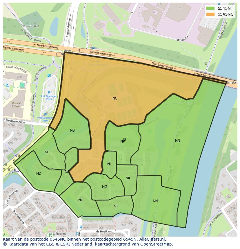 Afbeelding van het postcodegebied 6545 NC op de kaart.