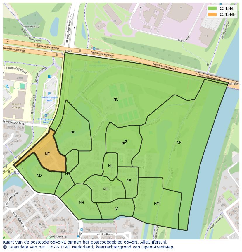 Afbeelding van het postcodegebied 6545 NE op de kaart.