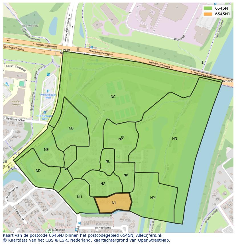 Afbeelding van het postcodegebied 6545 NJ op de kaart.