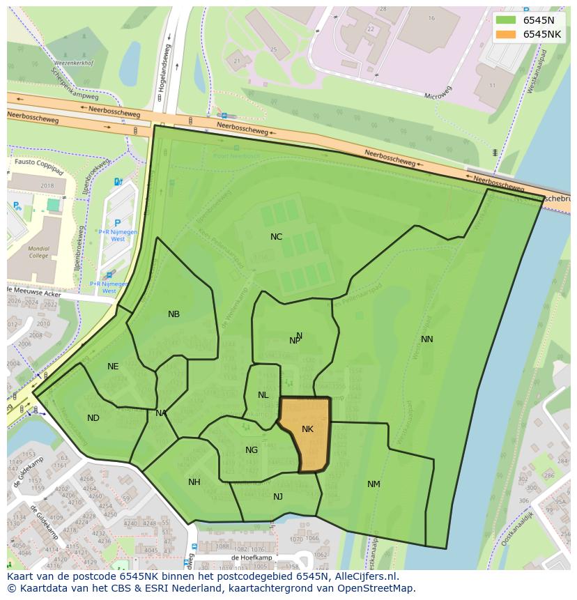 Afbeelding van het postcodegebied 6545 NK op de kaart.