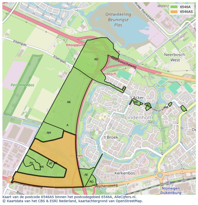 Afbeelding van het postcodegebied 6546 AS op de kaart.