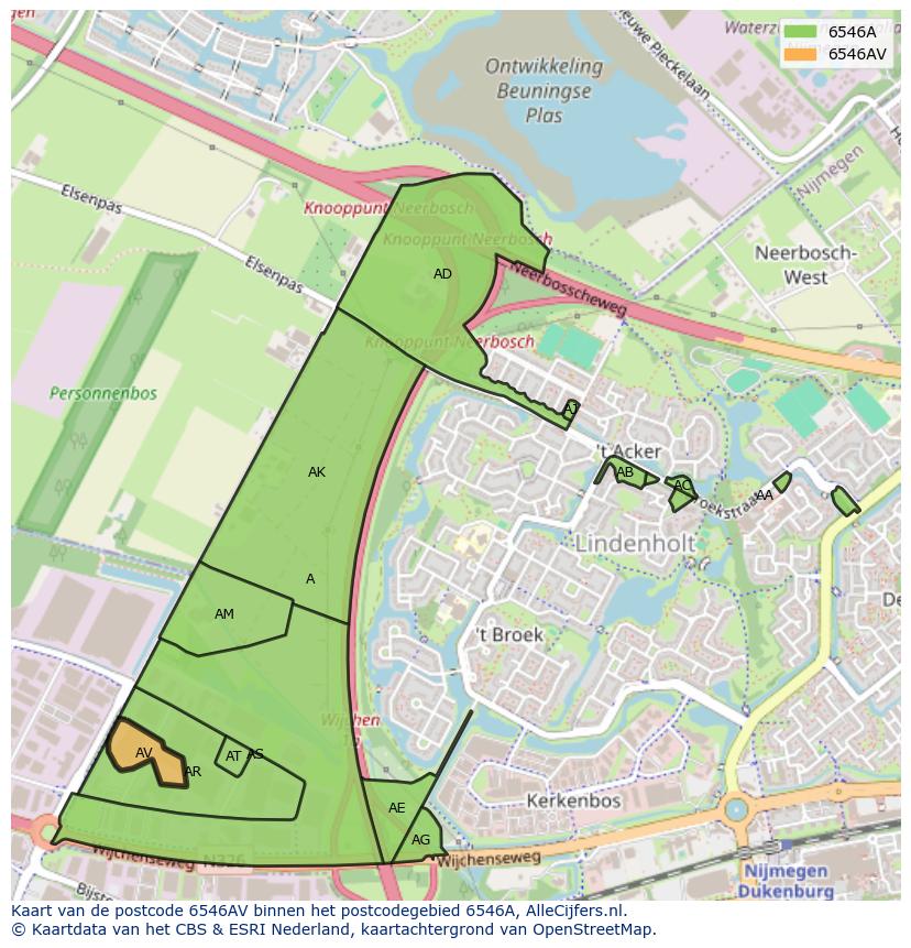Afbeelding van het postcodegebied 6546 AV op de kaart.