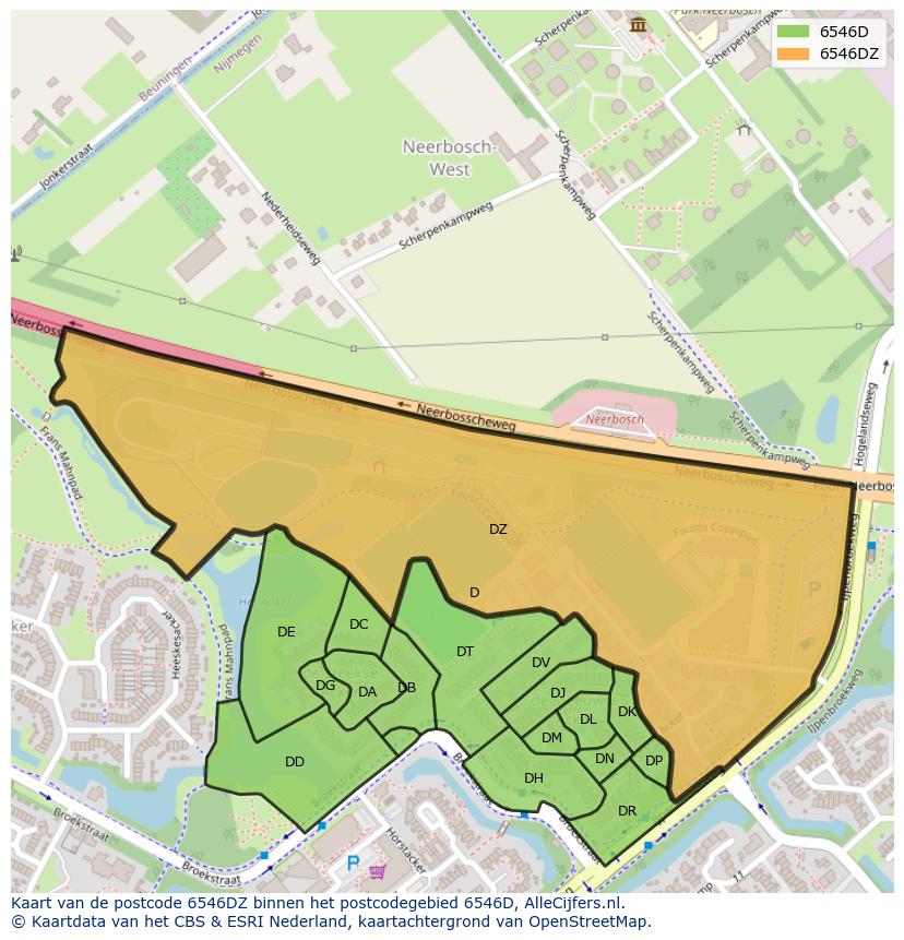 Afbeelding van het postcodegebied 6546 DZ op de kaart.