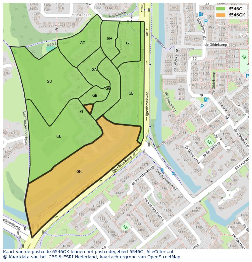 Afbeelding van het postcodegebied 6546 GK op de kaart.
