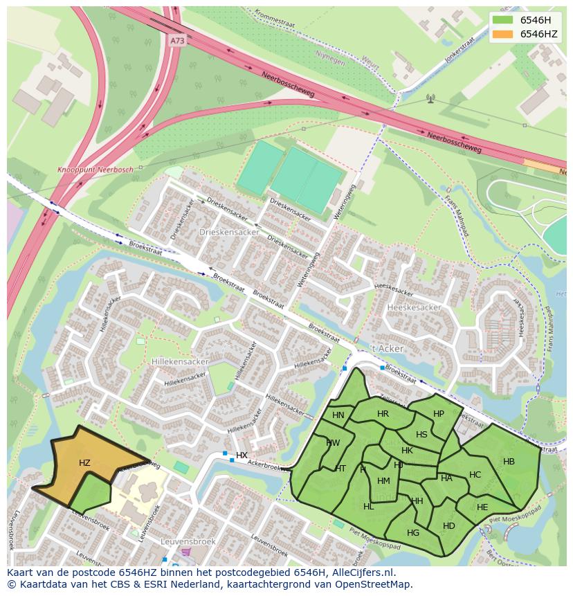 Afbeelding van het postcodegebied 6546 HZ op de kaart.