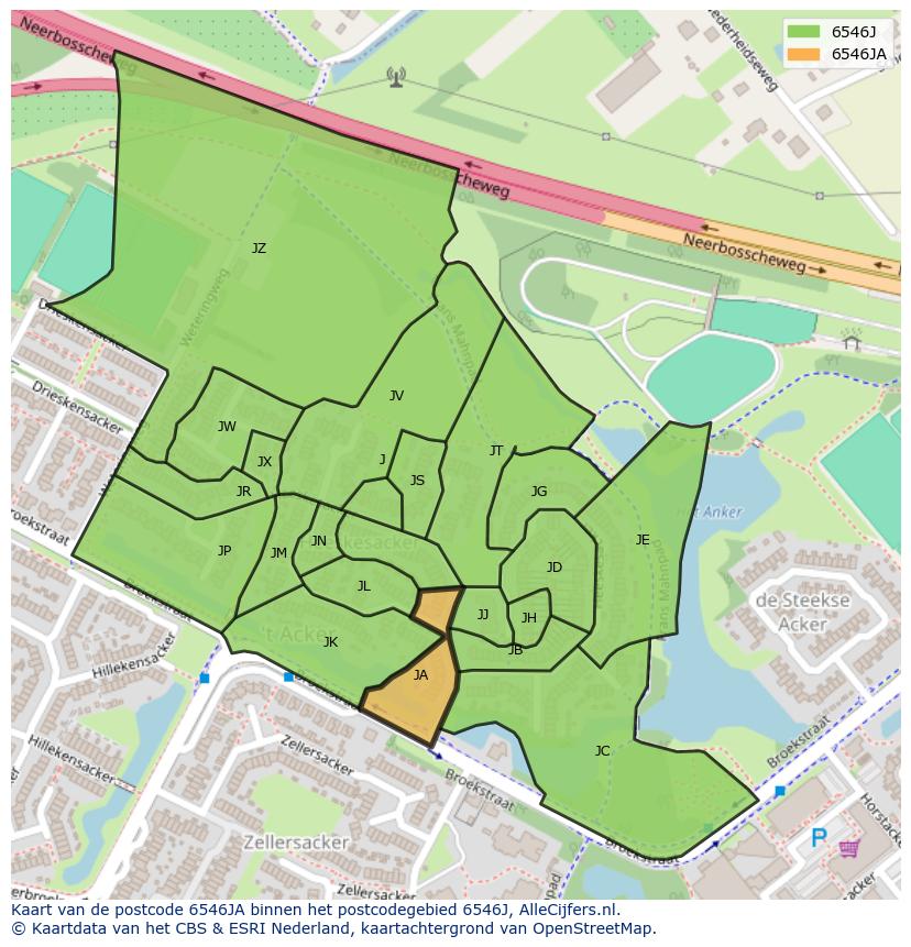 Afbeelding van het postcodegebied 6546 JA op de kaart.