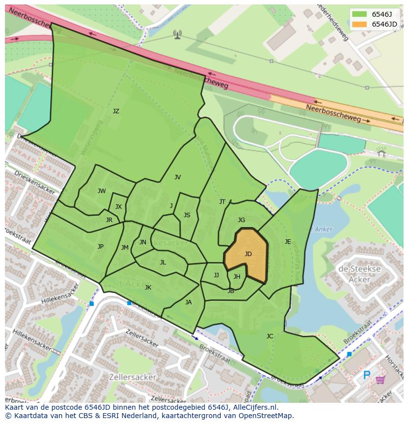 Afbeelding van het postcodegebied 6546 JD op de kaart.