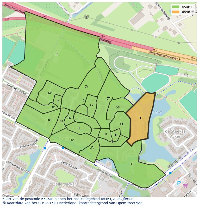 Afbeelding van het postcodegebied 6546 JE op de kaart.