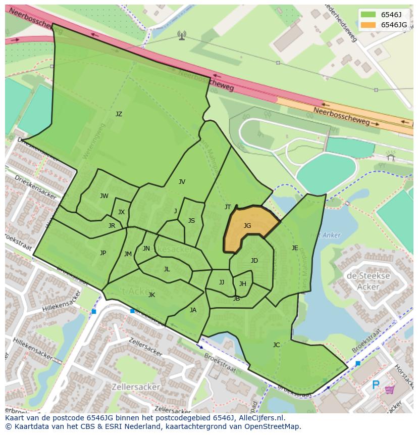 Afbeelding van het postcodegebied 6546 JG op de kaart.
