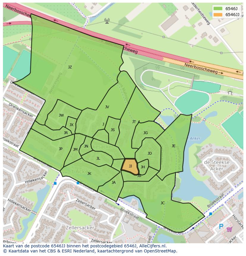 Afbeelding van het postcodegebied 6546 JJ op de kaart.